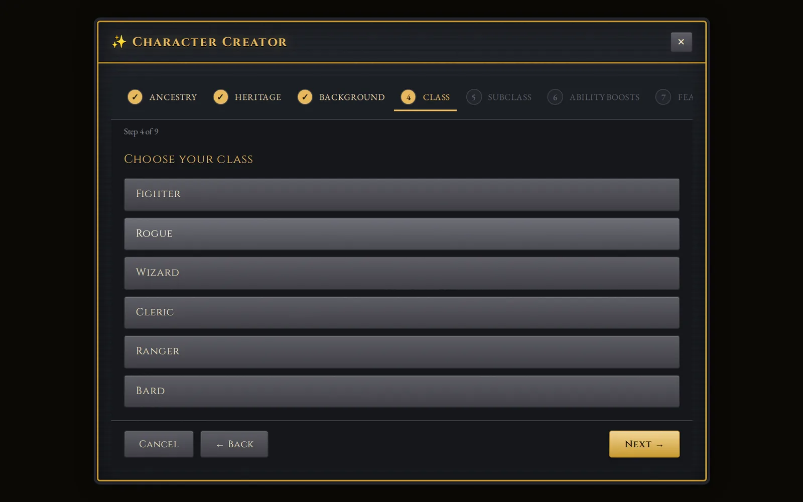 Castle VTT's character builder showing ancestry, background, and class selection pulled from the compendium