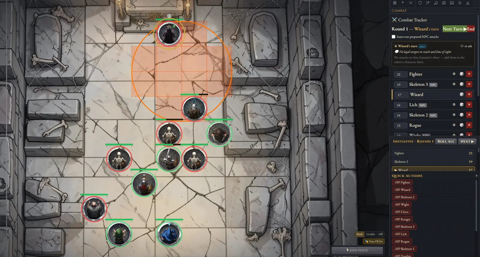 Castle VTT combat in a crypt: the tracker shows round 1, the Wizard’s turn and the initiative order, while a fireball template covers a group of skeletons