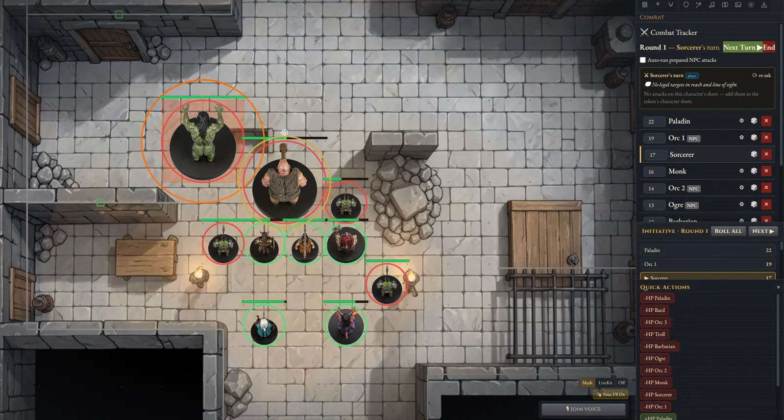 An ogre, a troll and orcs fighting the party in a dungeon hall in Castle VTT, with the combat tracker on the Sorcerer’s turn
