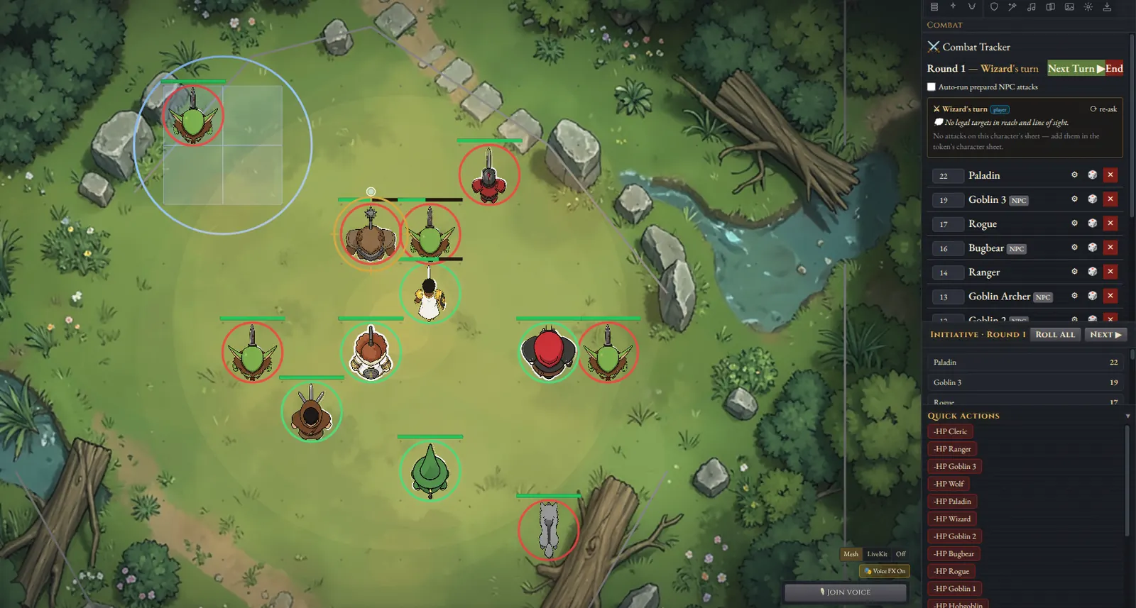 A goblin ambush in a forest clearing in Castle VTT, with the combat tracker, initiative and quick actions beside the map