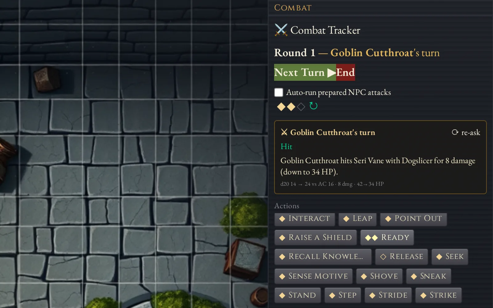Castle VTT combat tracker showing PF2e action pips and degree-of-success results