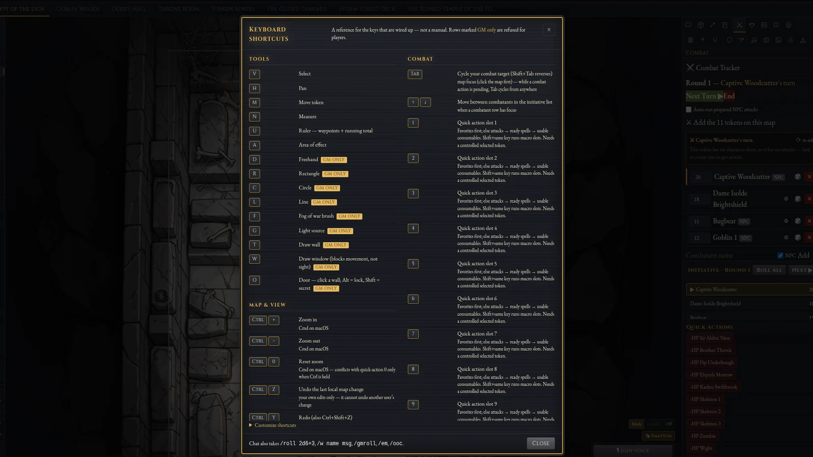 Castle VTT keyboard shortcuts help: tools, map and view, combat keys, and a Customize shortcuts link