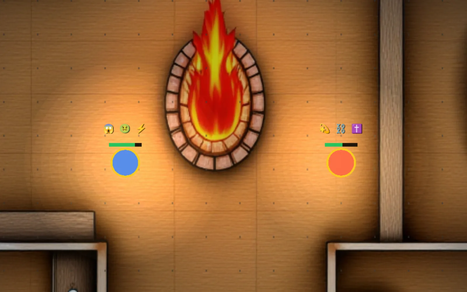 A dungeon map in Castle VTT lit by token torchlight, tokens carrying condition glyph badges, with unlit areas falling away into darkness