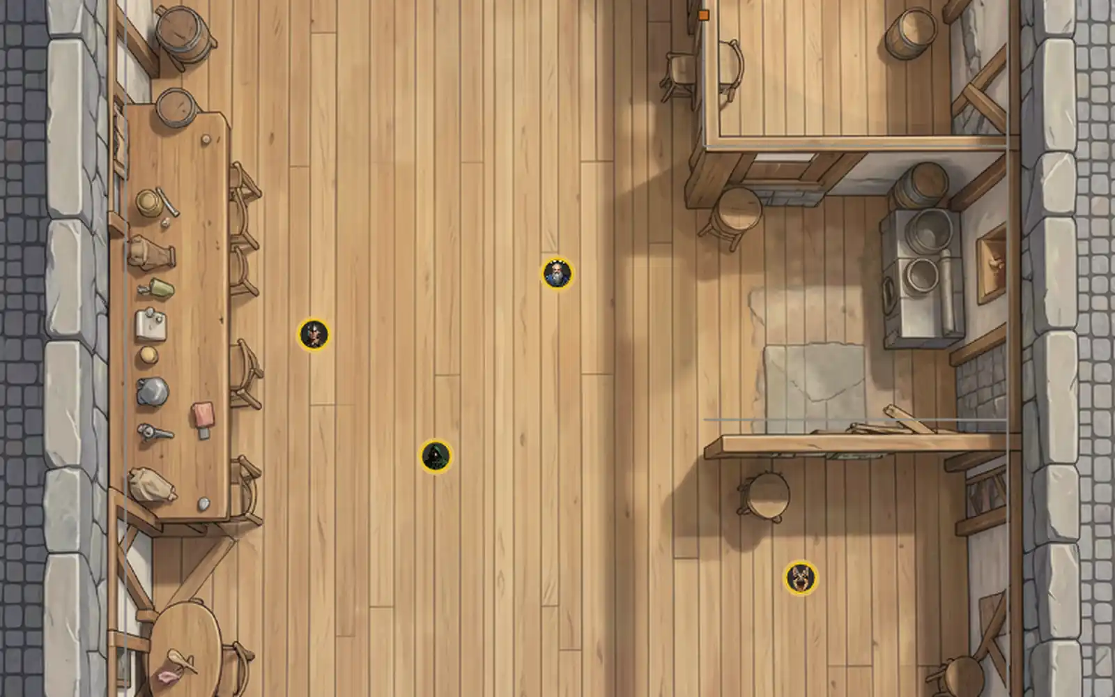 A tavern map in Castle VTT with player tokens on the floor