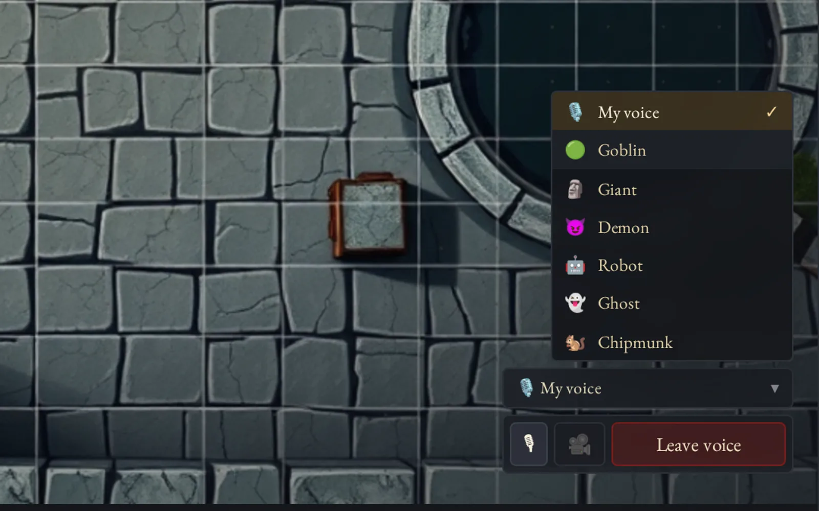Castle VTT voice controls with the character voice picker open